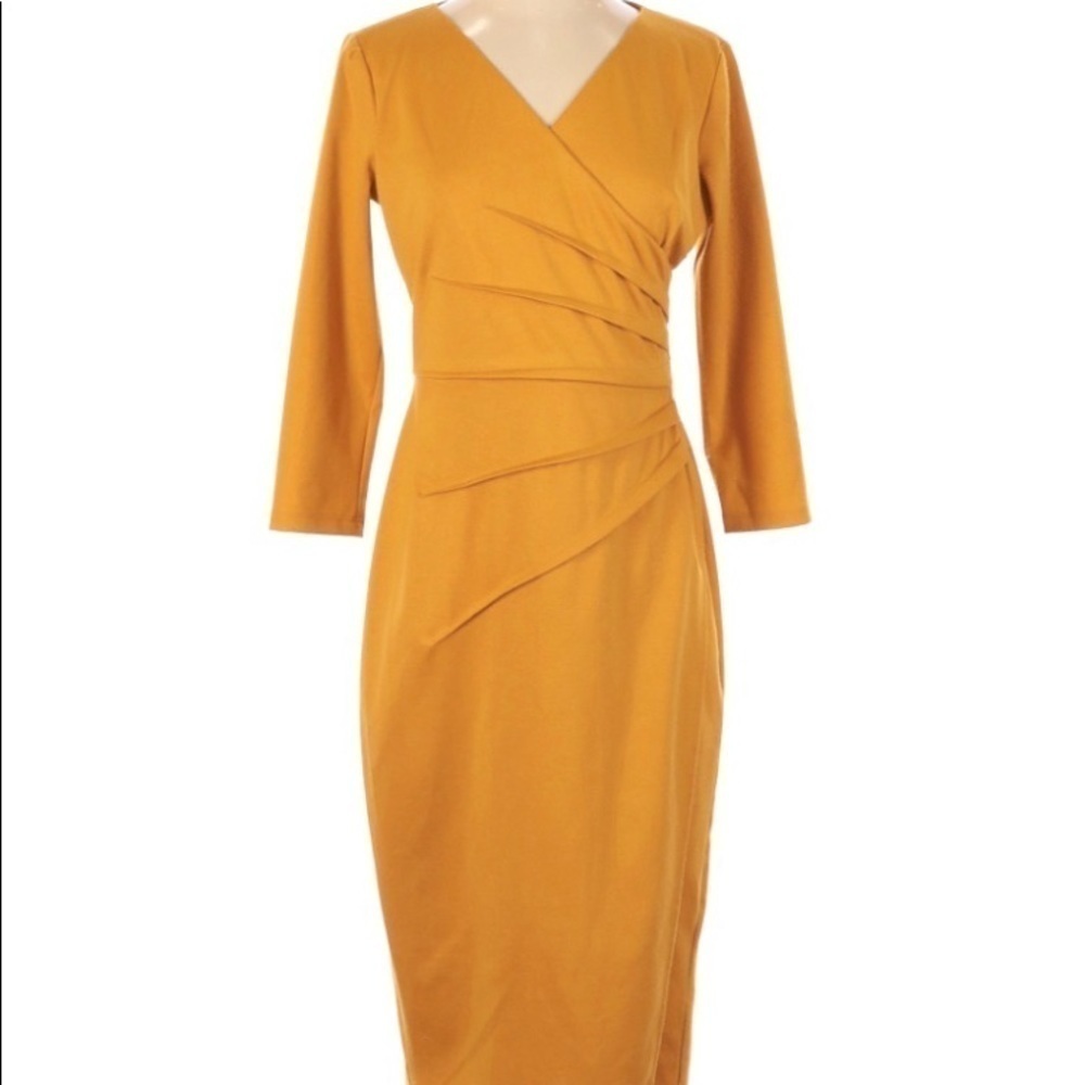 MAGGY LONDON 3/4 SLEEVES RUCHED V-NECK DRESS MIDI